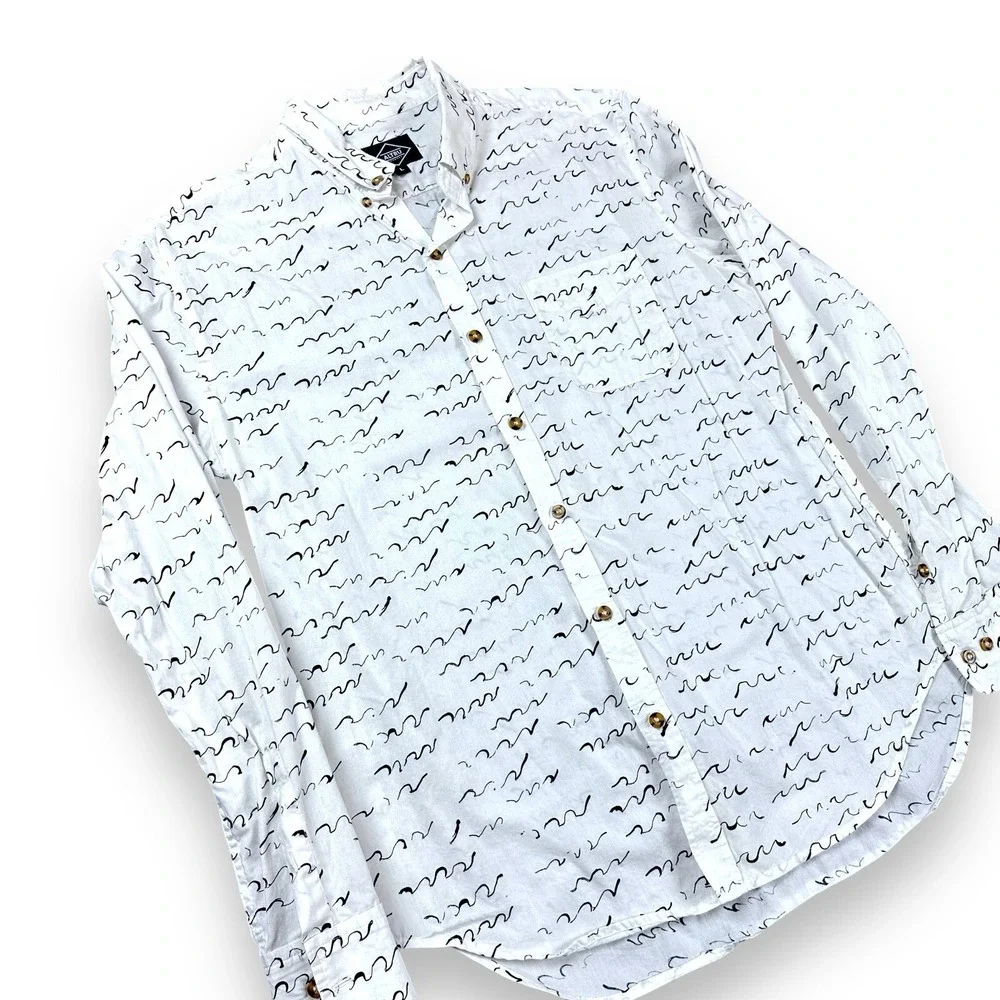 Altru Men's Dress Shirt‎ Large White Black Waves Long Sleeve Button Down